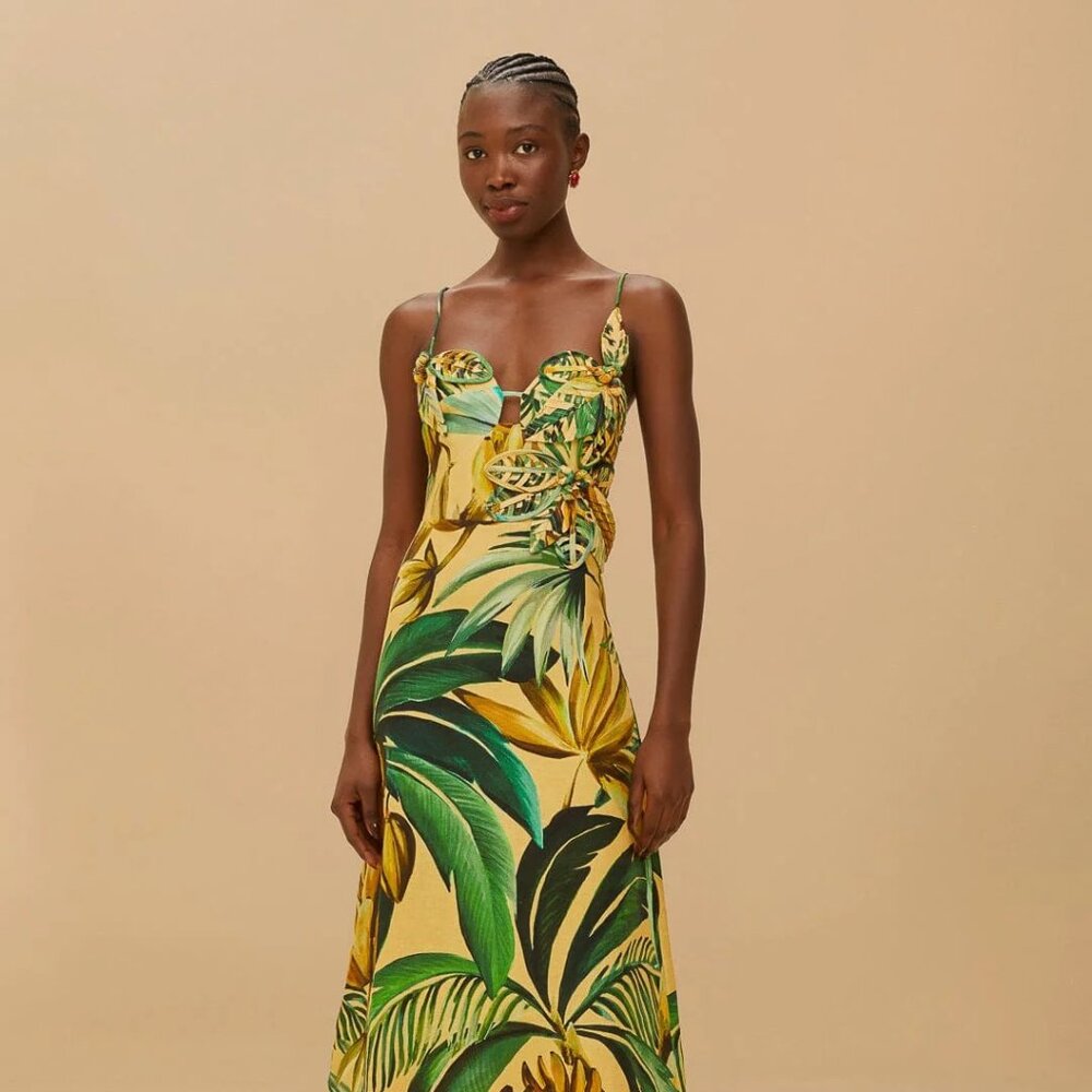 FARM RIO yellow bananart 3d bodice midi dress